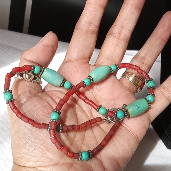 Necklace, Turquoise, Glass Coral colored beads,Sterling Toggle 17" - Picture 4 of 4